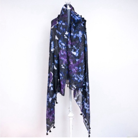 Peter Som Dream Floral Print beach fringe Sarong in Meteorite Black Blue - Picture 9 of 16